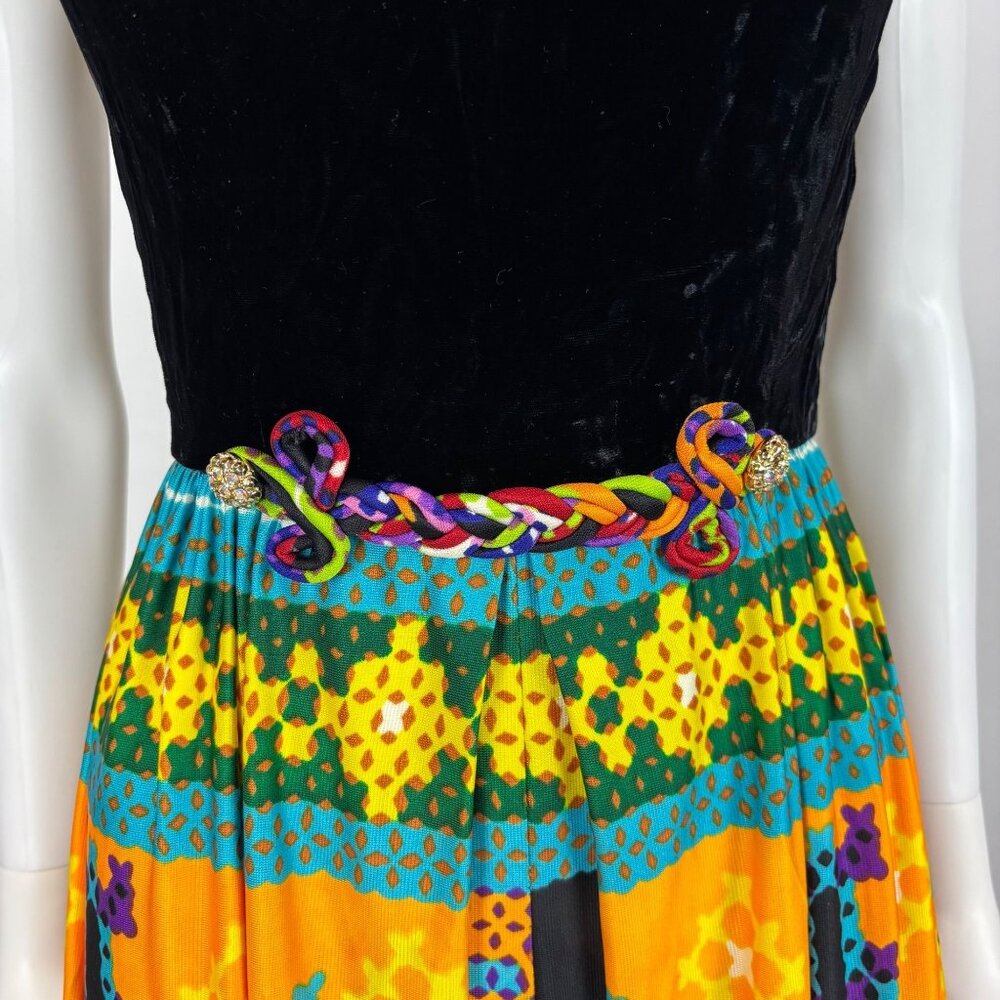 Vintage 60s Jumpsuit Womens XS Multicolored Wide Leg Pants Velvet Hostess Outfit - Picture 5 of 13